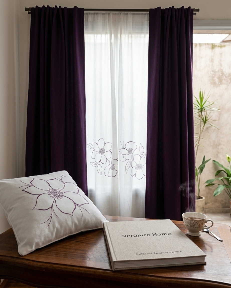 cortinas para living comedor moradas con voile blanco - Veronica Home