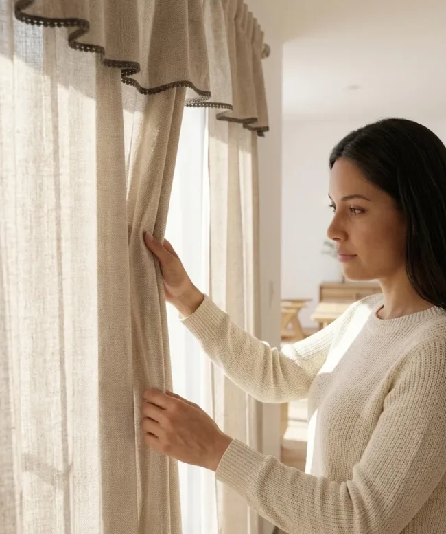 Cortinas de lino con puntilla colgadas en un living comedor