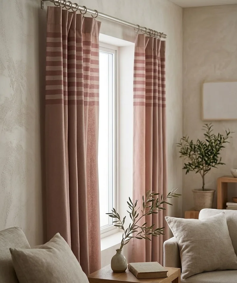 Cortinas black out para living modernas a rayas colgadas junto a la ventana